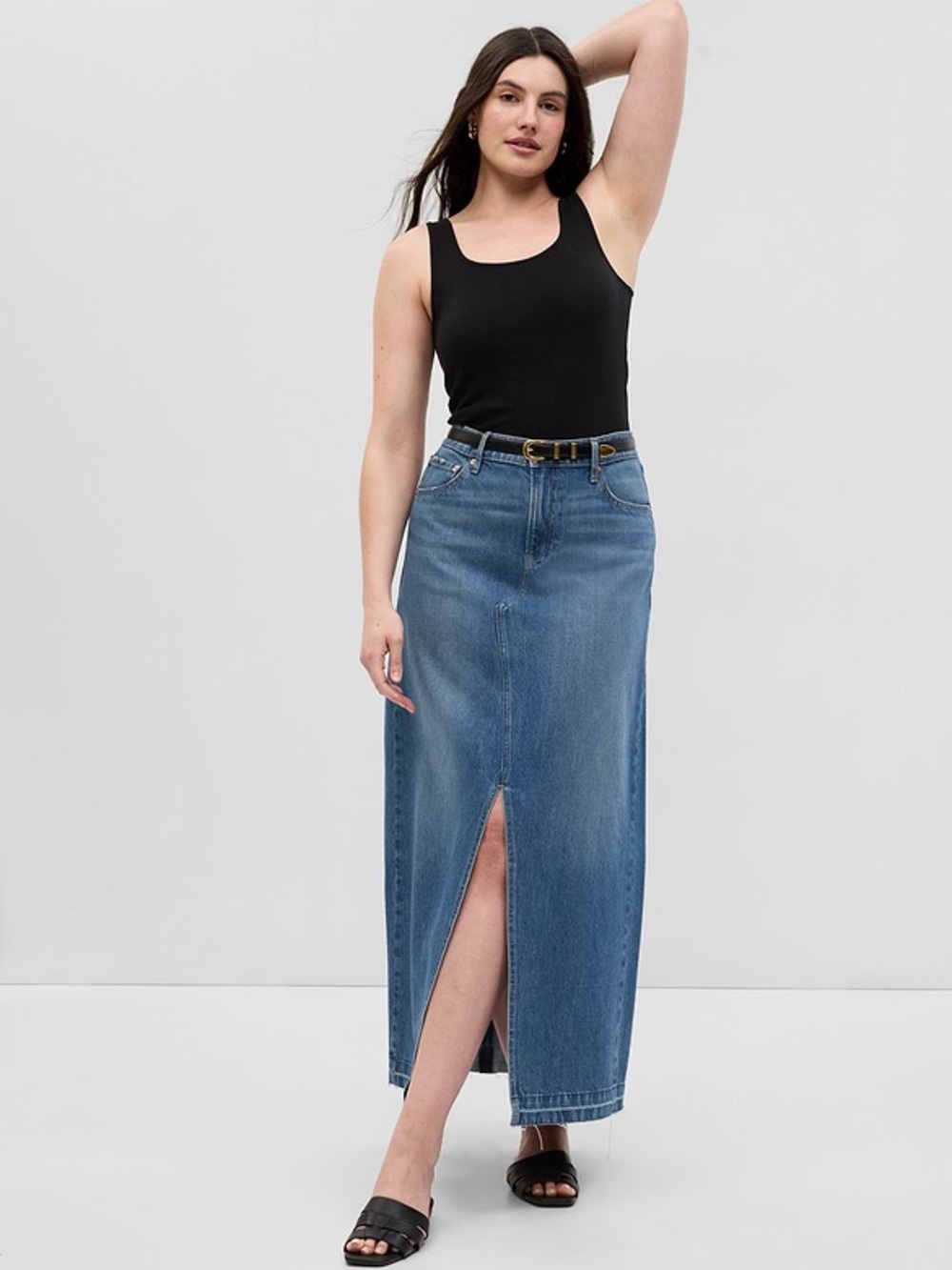 GAP Denim Maxi Skirt Medium Wash High Rise Front Slit Y2K Revival Size 33/16 T